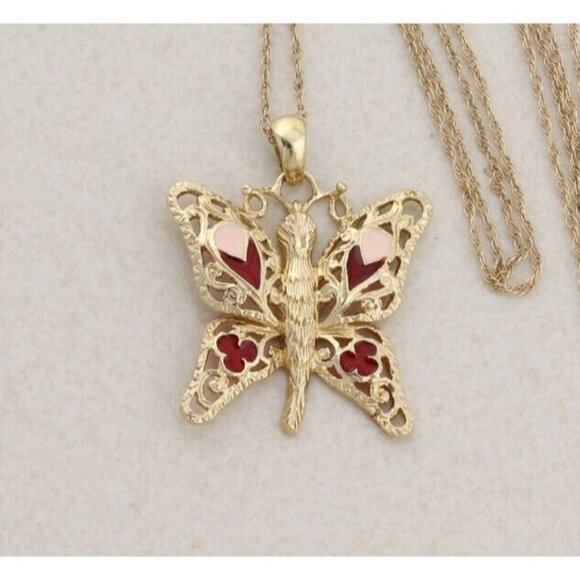 14k Yellow Gold Butterfly Necklace Pink and Red Enamel 18" Chain - Picture 1 of 8